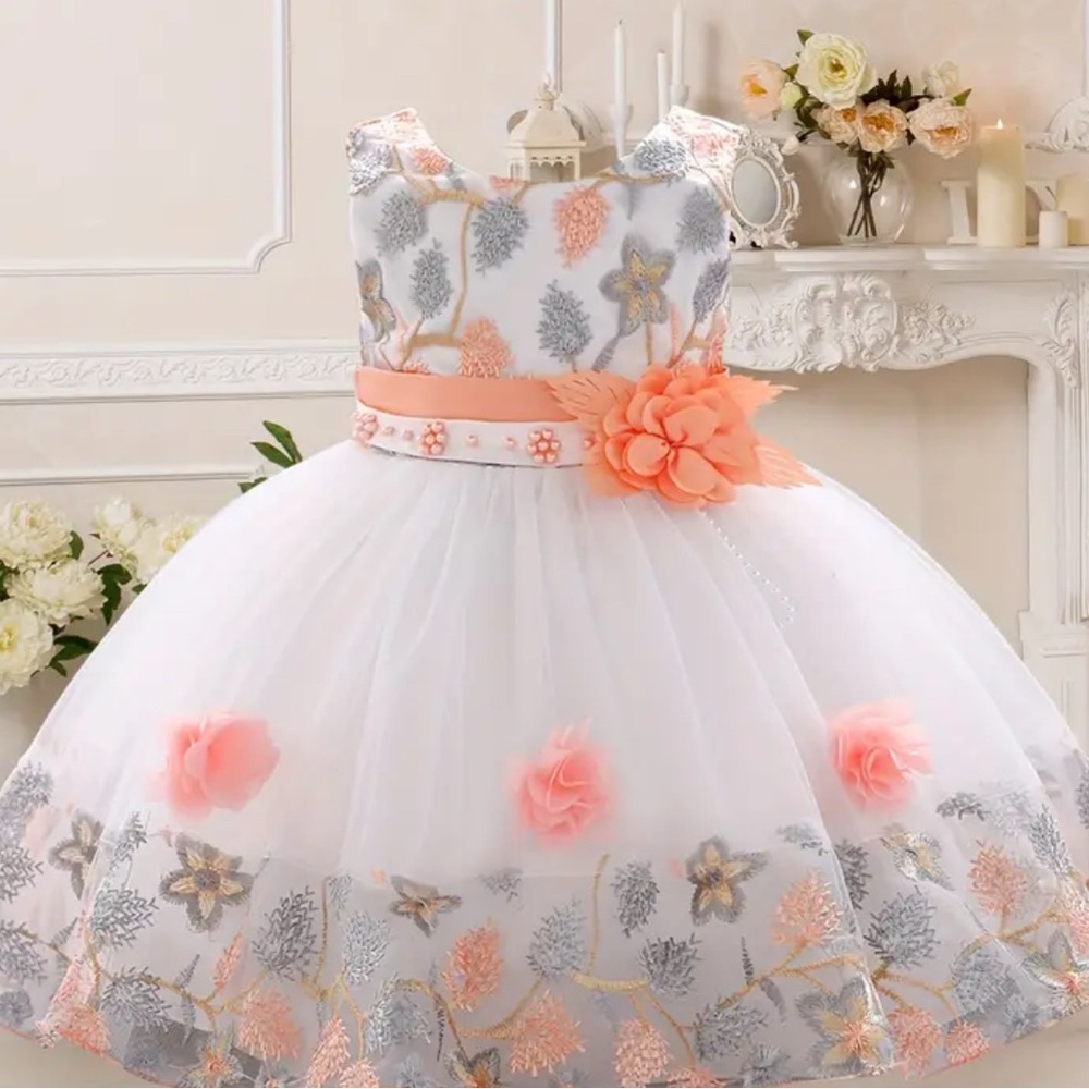 Handmade Elegant White and Peach Floral princess Dress